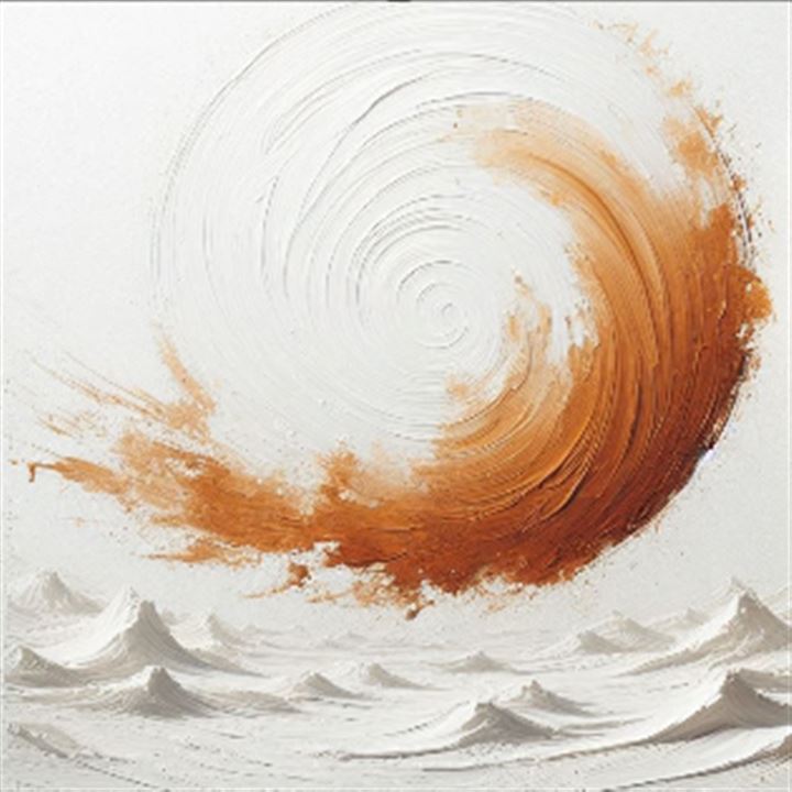 Painting with ochre streaks over white waves