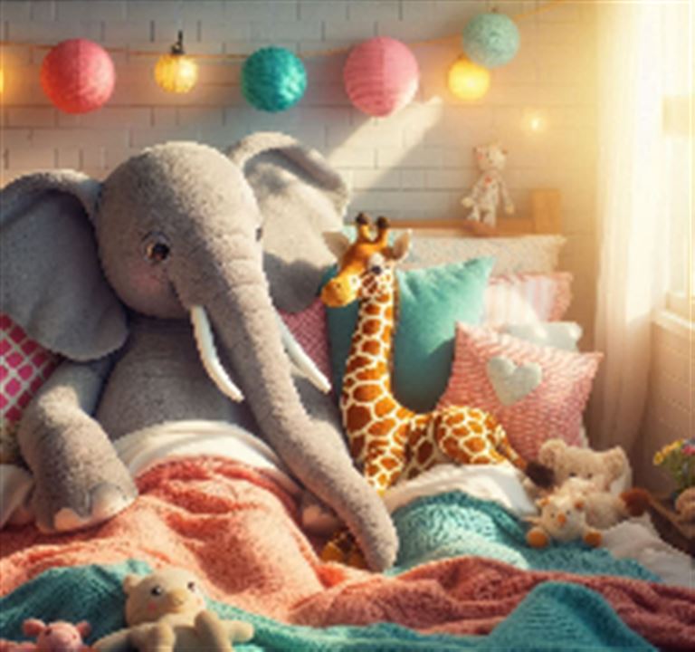Elephant and giraffe lying in bed