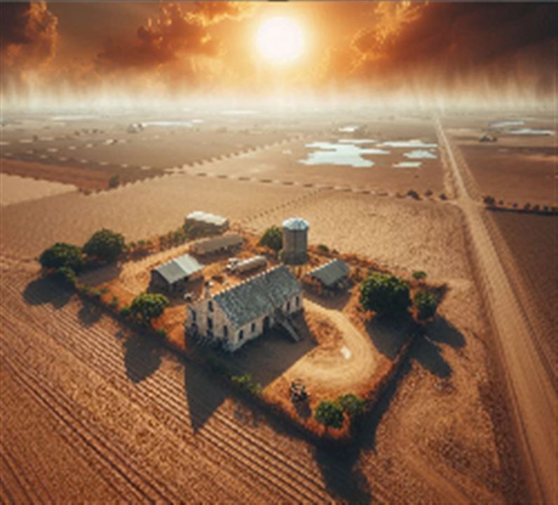 farm and fields under a blazing sun