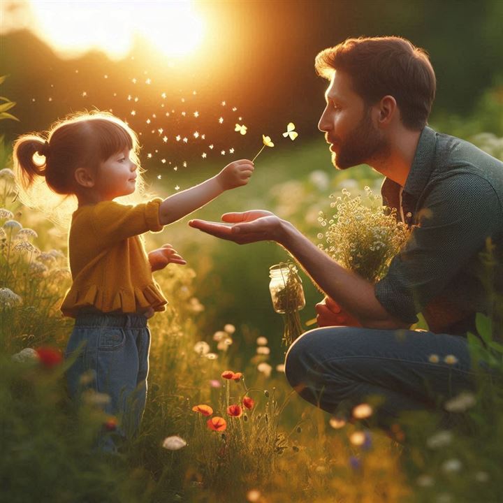 Little girl anding buttercup to a man