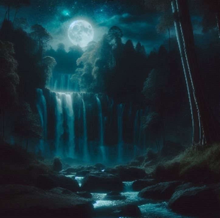 Moon shinging over a waterfall