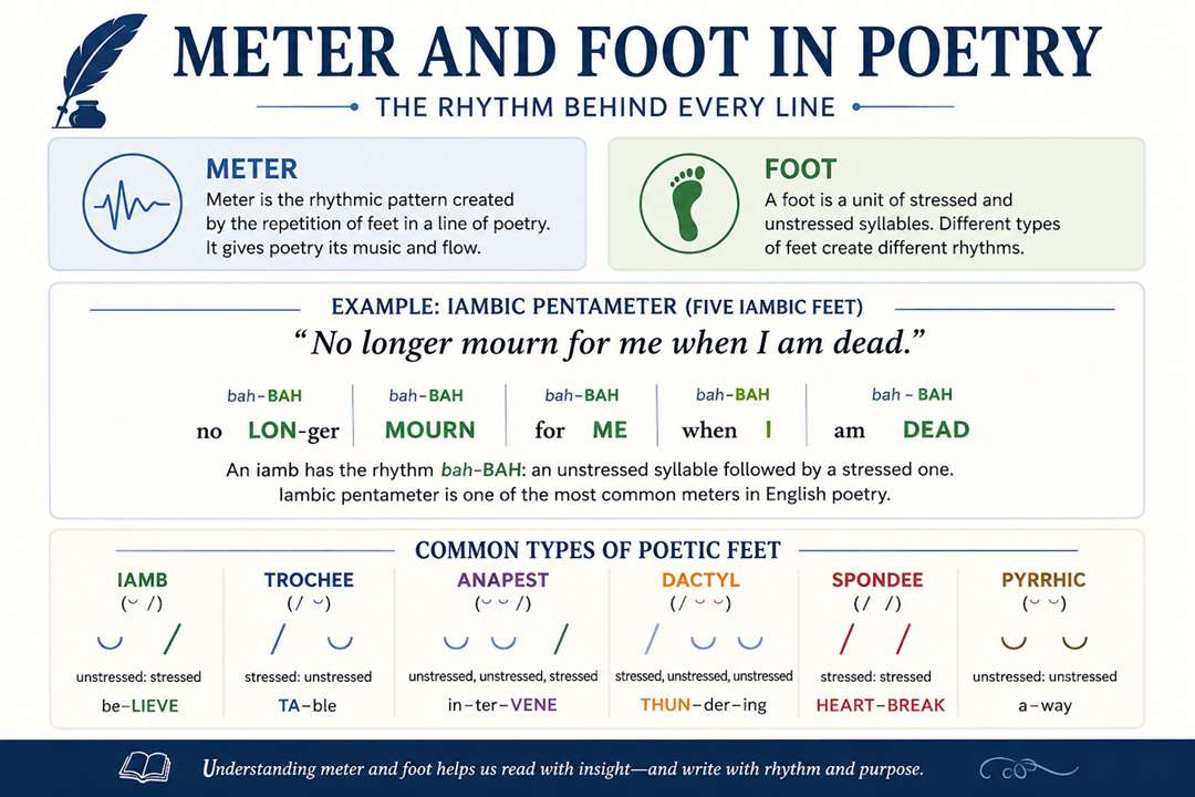 Meter and Foot in Poetry - Understanding Poetic Rhythm Meter and foot in poetry diagram showing iambic pentameter, stressed and unstressed syllables, and common poetic feet including iamb, trochee, anapest, dactyl, spondee, and pyrrhic.